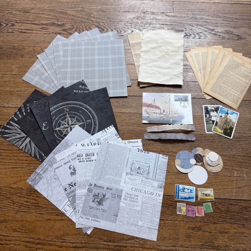 Junk journal Wallpaper, stamps, circles, cards postcard ephemera pack 2322